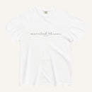 white t-shirt with 'Searched & Known' text on a cream background