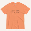 A light pastel orange short-sleeve crewneck t-shirt with a black graphic of two fish and 5 loaves of bread on a line and the cursive text 'Everyone Ate' across the chest, displayed flat against a light beige background.