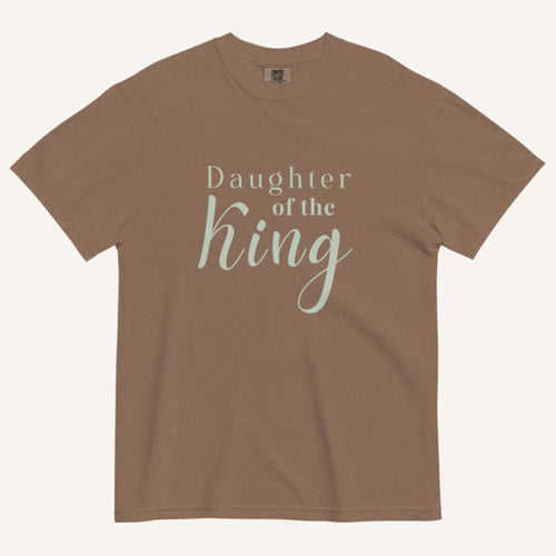Brown t-shirt with 'Daughter of the King' text on a white background