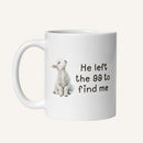 white 11 oz mug with a water color lamb and 'He left the 99 to find me' text on a cream background