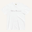 White t-shirt with 'Call on his name' text on a white background