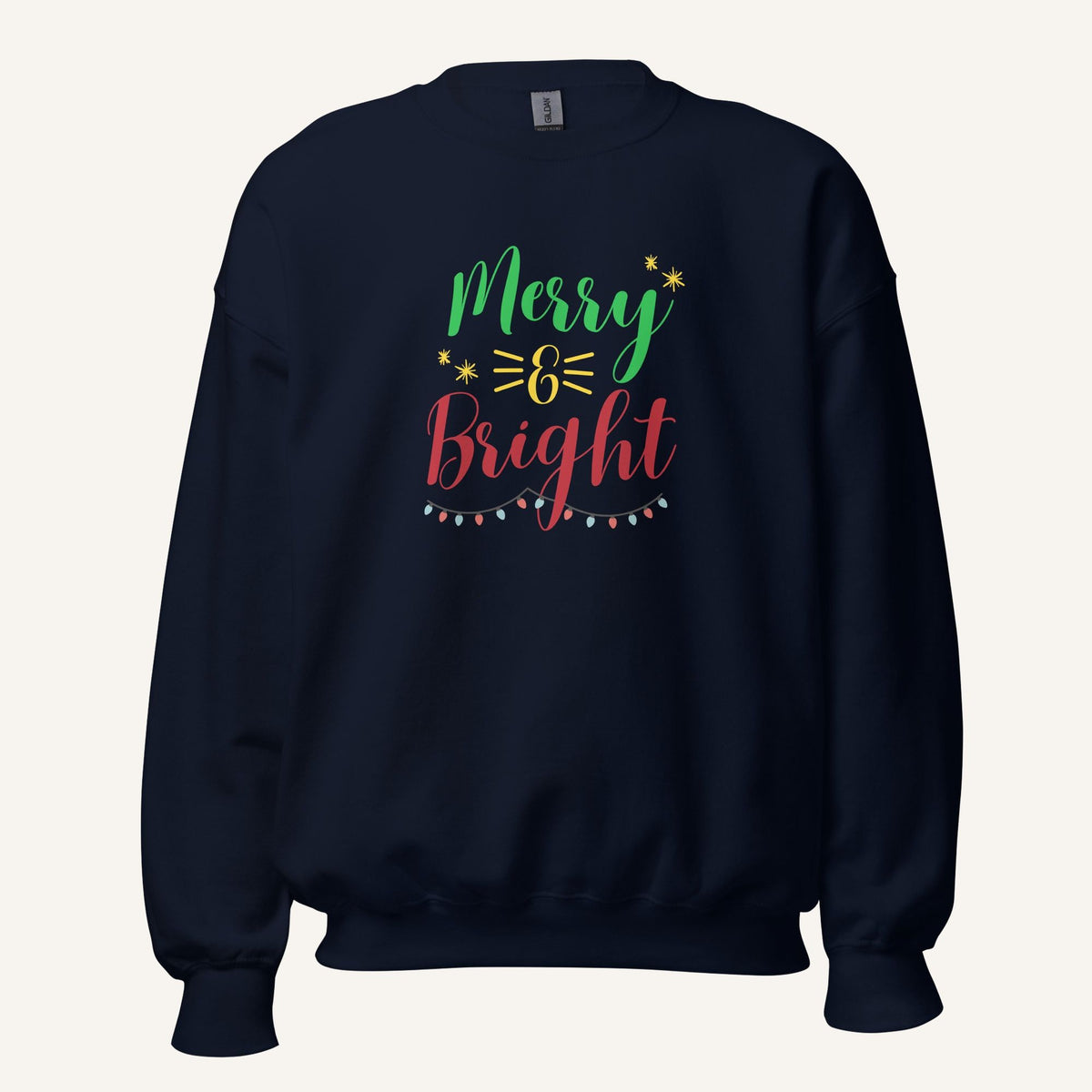navy crewneck sweatshirt with "Merry & Bright" colorful text with Christmas lights and star graphics