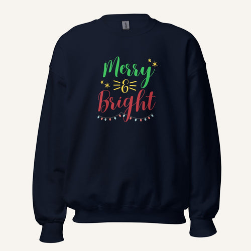 navy crewneck sweatshirt with "Merry & Bright" colorful text with Christmas lights and star graphics