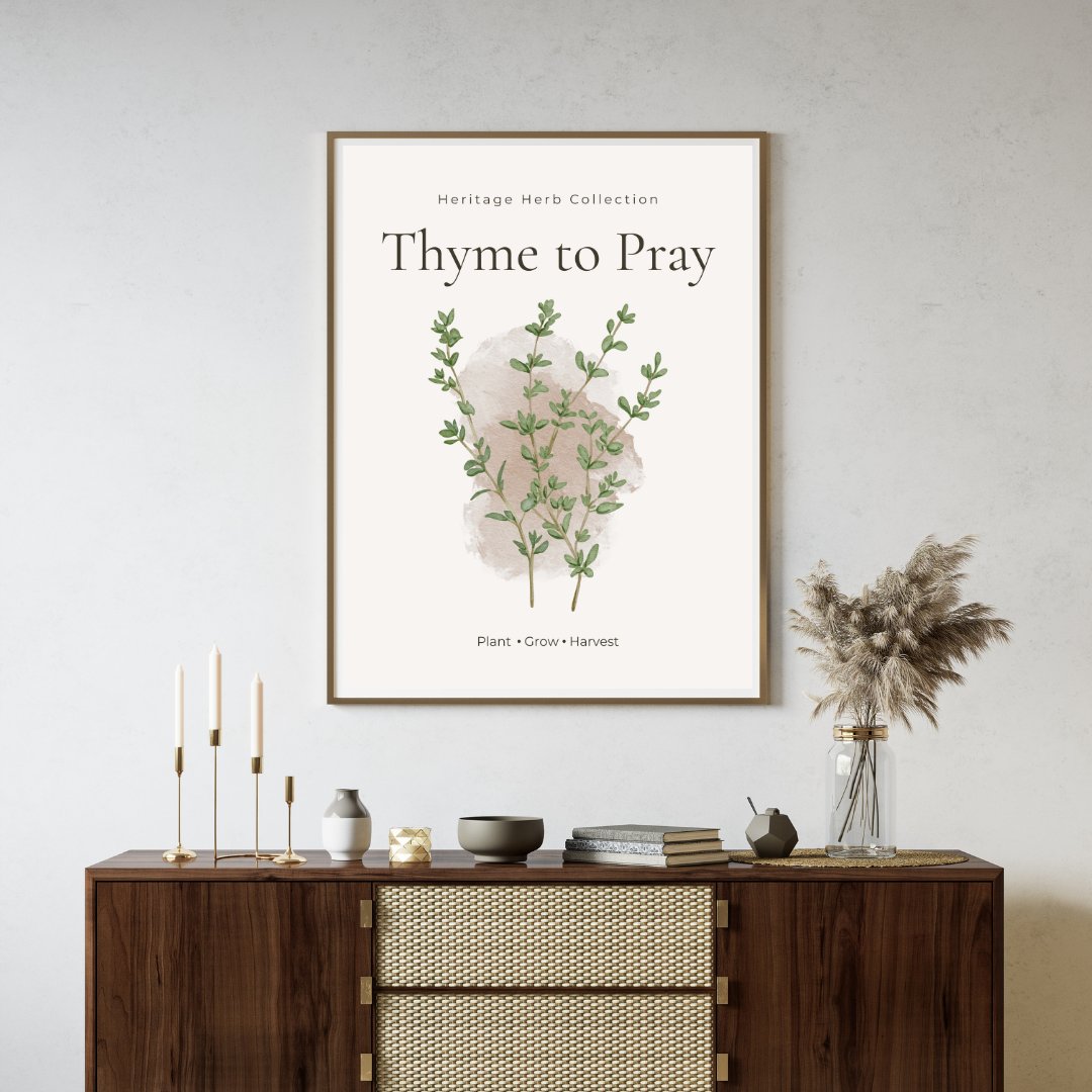 wall art of 'Thyme to Pray' text with thyme graphic in a neutral living room