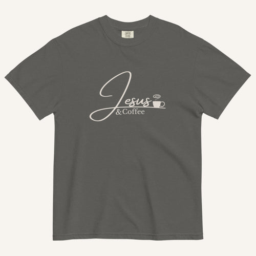 Gray t-shirt with 'Jesus & Coffee' text on a white background