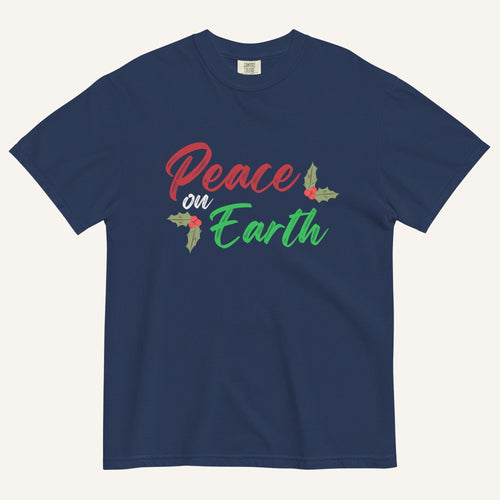 a true navy t-shirt with the text "Peace on Earth" and small botanical graphics