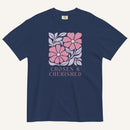 blue t-shirt with floral graphic and 'Chosen & Cherished' text on a cream background