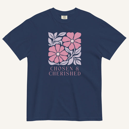 blue t-shirt with floral graphic and 'Chosen & Cherished' text on a cream background