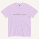 Lavender t-shirt with 'Searched & Known' text on a cream background