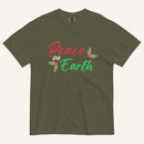an army green t-shirt with the text "Peace on Earth" and small botanical graphics