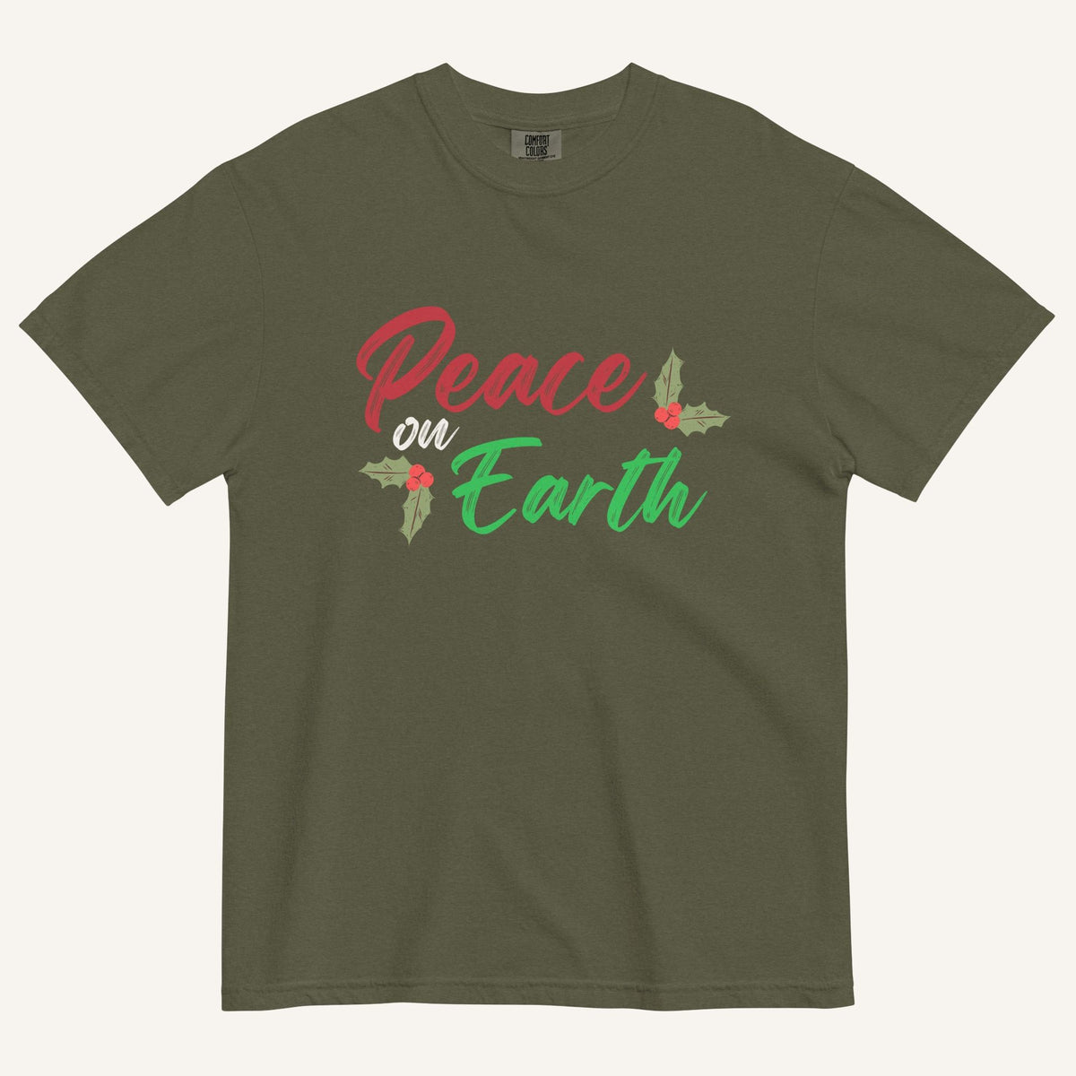 an army green t-shirt with the text "Peace on Earth" and small botanical graphics