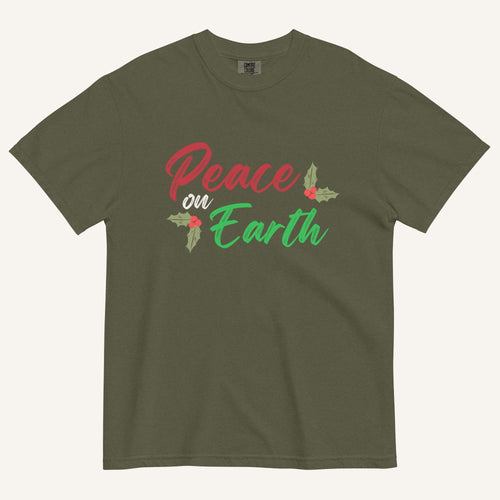 an army green t-shirt with the text "Peace on Earth" and small botanical graphics