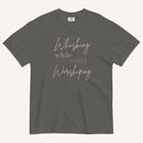 light grey t-shirt with "Whisking while worshiping" text and a whisk graphic