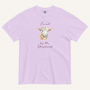 lavender t-shirt with watercolor lamb and 'Found by the Shepherd' text on cream background