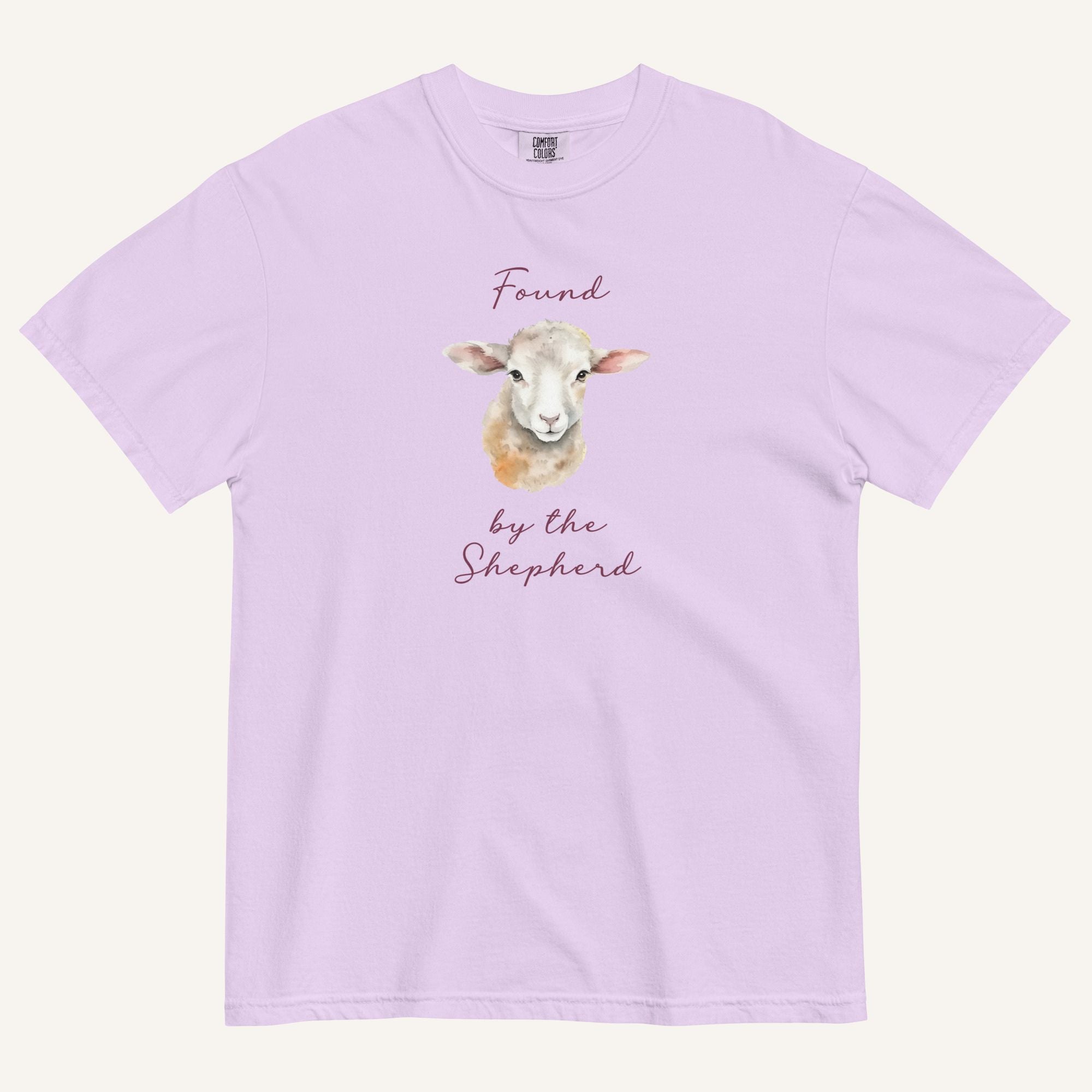 lavender t-shirt with watercolor lamb and 'Found by the Shepherd' text on cream background