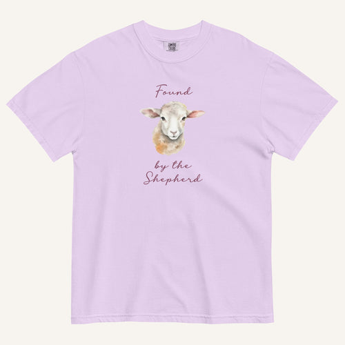 lavender t-shirt with watercolor lamb and 'Found by the Shepherd' text on cream background