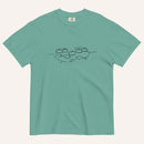 A teal blue short-sleeve crewneck t-shirt with a black graphic of two fish and 5 loaves of bread on a line and the cursive text 'Everyone Ate' across the chest, displayed flat against a light beige background.