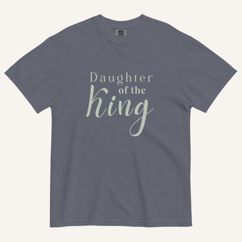 Gray t-shirt with 'Daughter of the King' text on a white background