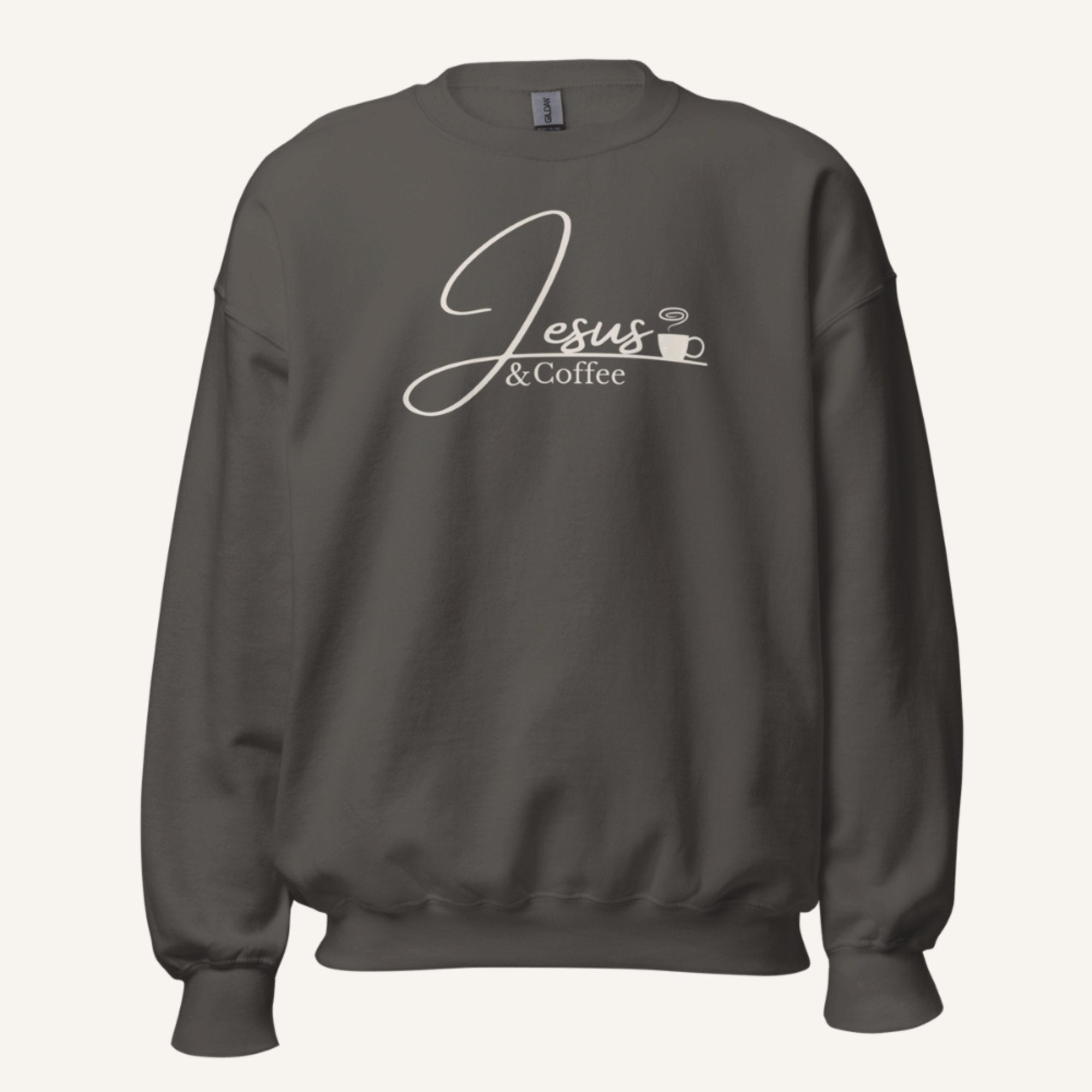 Grey sweatshirt with cream 'Jesus & Coffee' text on a white background