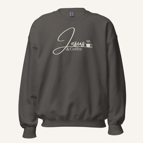 Grey sweatshirt with cream 'Jesus & Coffee' text on a white background