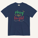 a true navy t-shirt that has "Merry & Bright" colored text with Christmas lights and star graphics