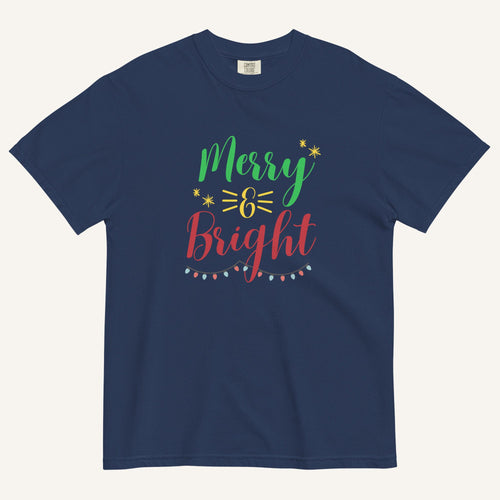 a true navy t-shirt that has "Merry & Bright" colored text with Christmas lights and star graphics