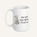 white 15 oz mug with a water color lamb and 'He left the 99 to find me' text on a cream background