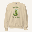 beige crewneck sweatshirt with a pickle jar graphic and 'In a Pickle? Call on Jesus' text on a cream background