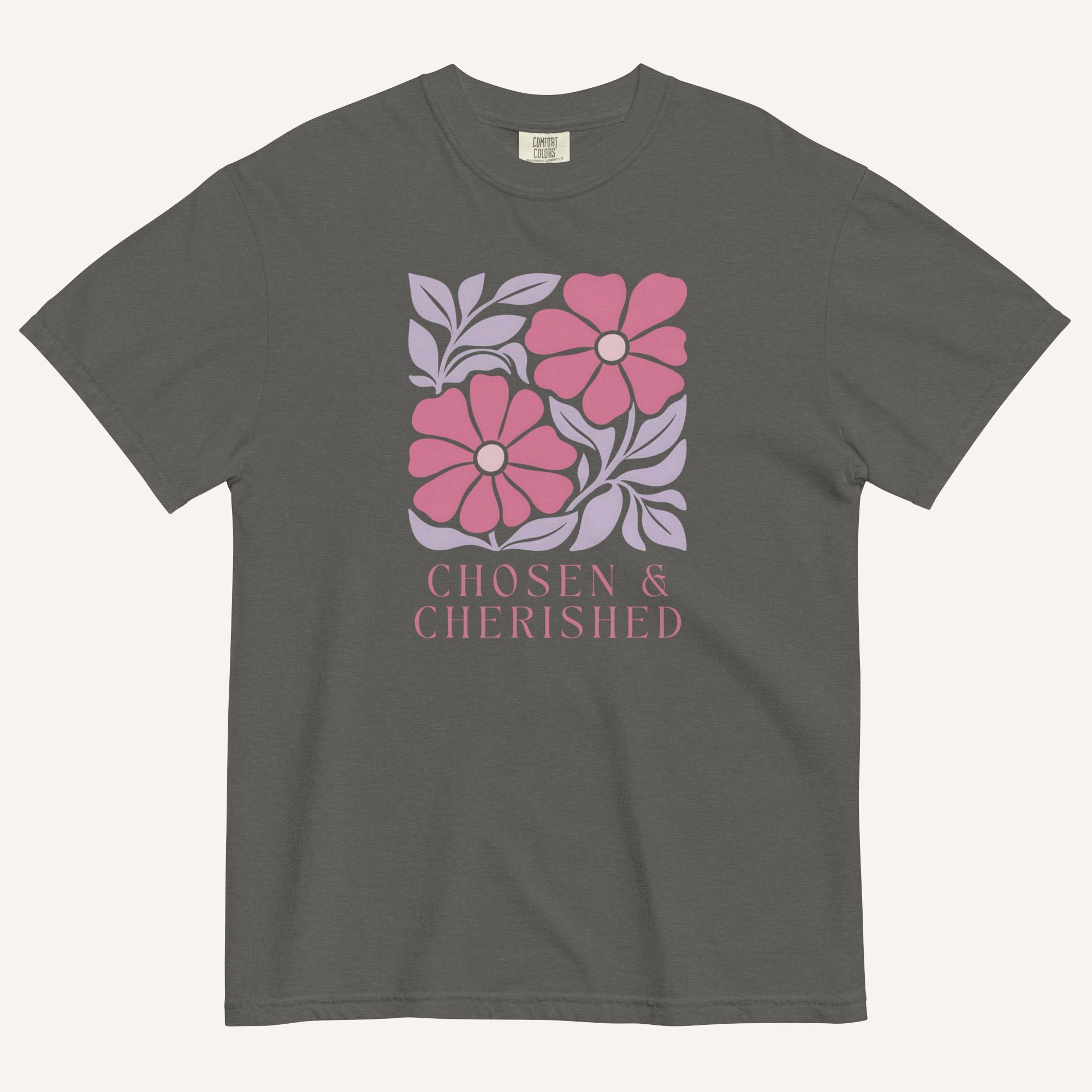 gray t-shirt with floral graphic and 'Chosen & Cherished' text on a cream background