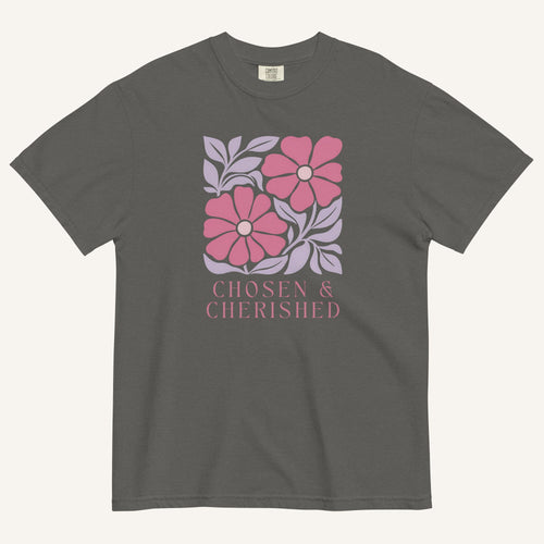 gray t-shirt with floral graphic and 'Chosen & Cherished' text on a cream background
