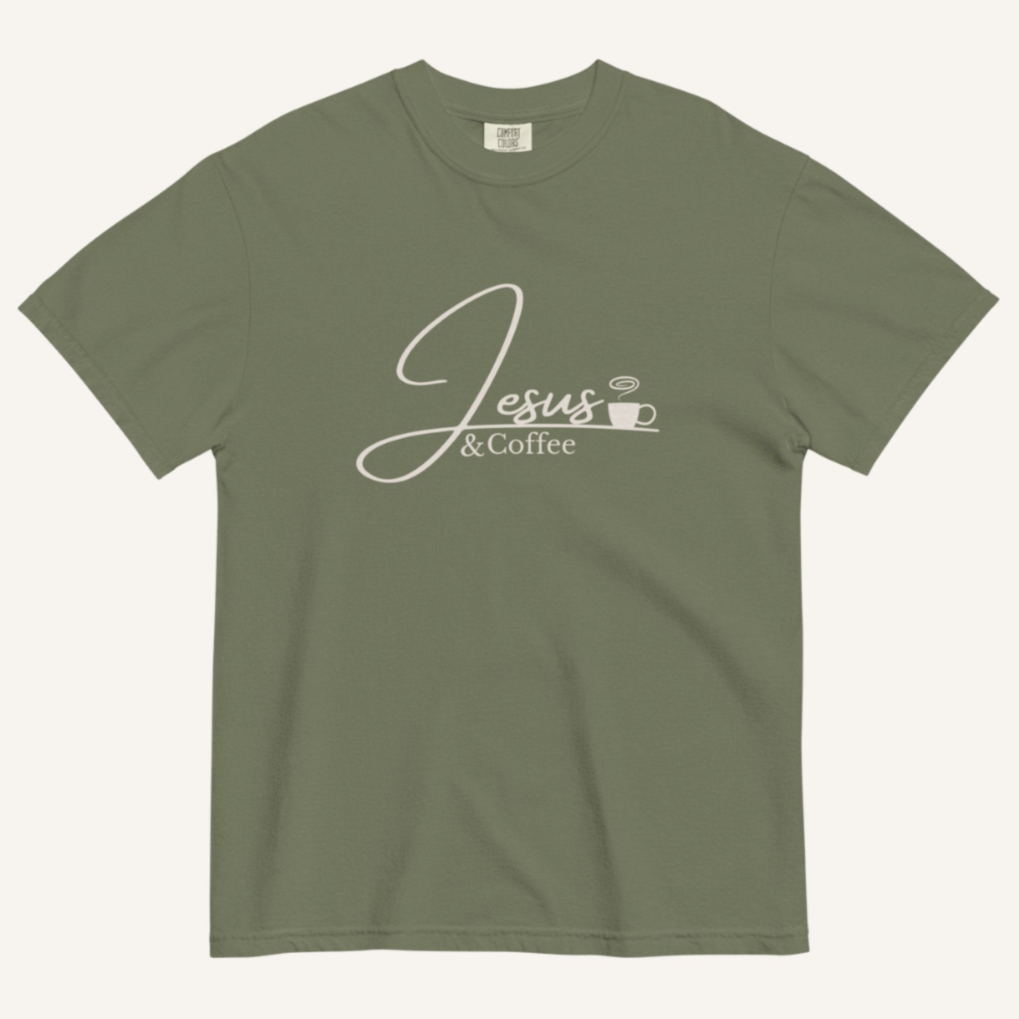 Green t-shirt with 'Jesus & Coffee' text on a white background
