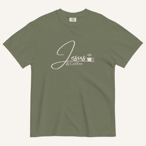 Green t-shirt with 'Jesus & Coffee' text on a white background