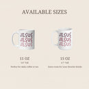 Two mugs with 'JESUS JESUS JESUS' text, labeled 11 oz and 15 oz, on a beige background.