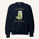 navy crewneck sweatshirt with a pickle jar graphic and 'In a Pickle? Call on Jesus' text on a cream background
