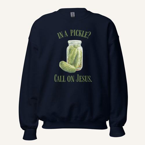 navy crewneck sweatshirt with a pickle jar graphic and 'In a Pickle? Call on Jesus' text on a cream background