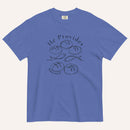 A blue short-sleeve t-shirt with a black graphic print on the front showing fish and loaves of bread, with the text 'He Provides' and 'Matthew 14:13-21'.
