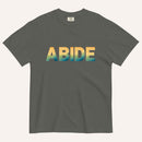 A dark gray crewneck t-shirt featuring the word 'ABIDE' printed across the chest in a textured, multi-colored gradient pattern of yellow, orange, and blue, displayed on a light cream background.