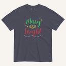 a navy t-shirt that has "Merry & Bright" colored text with Christmas lights and star graphics