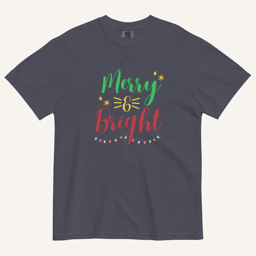 a navy t-shirt that has "Merry & Bright" colored text with Christmas lights and star graphics