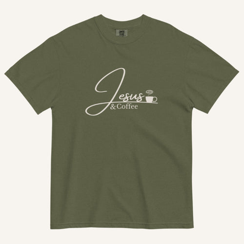 Dark Green t-shirt with 'Jesus & Coffee' text on a white background