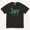 a black t-shirt with the words "Joy to the world, the Savior reigns" in bold colorful font with a star graphic