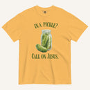 mustard colored t-shirt with pickle jar graphic and 'In a Pickle? Call on Jesus' text in green