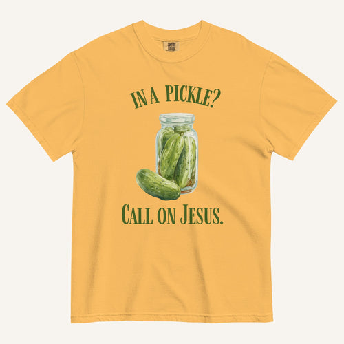 mustard colored t-shirt with pickle jar graphic and 'In a Pickle? Call on Jesus' text in green