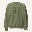 a military green crewneck sweatshirt with 'John 3 16' text with cross graphic between the 3 & 16 on a light cream background