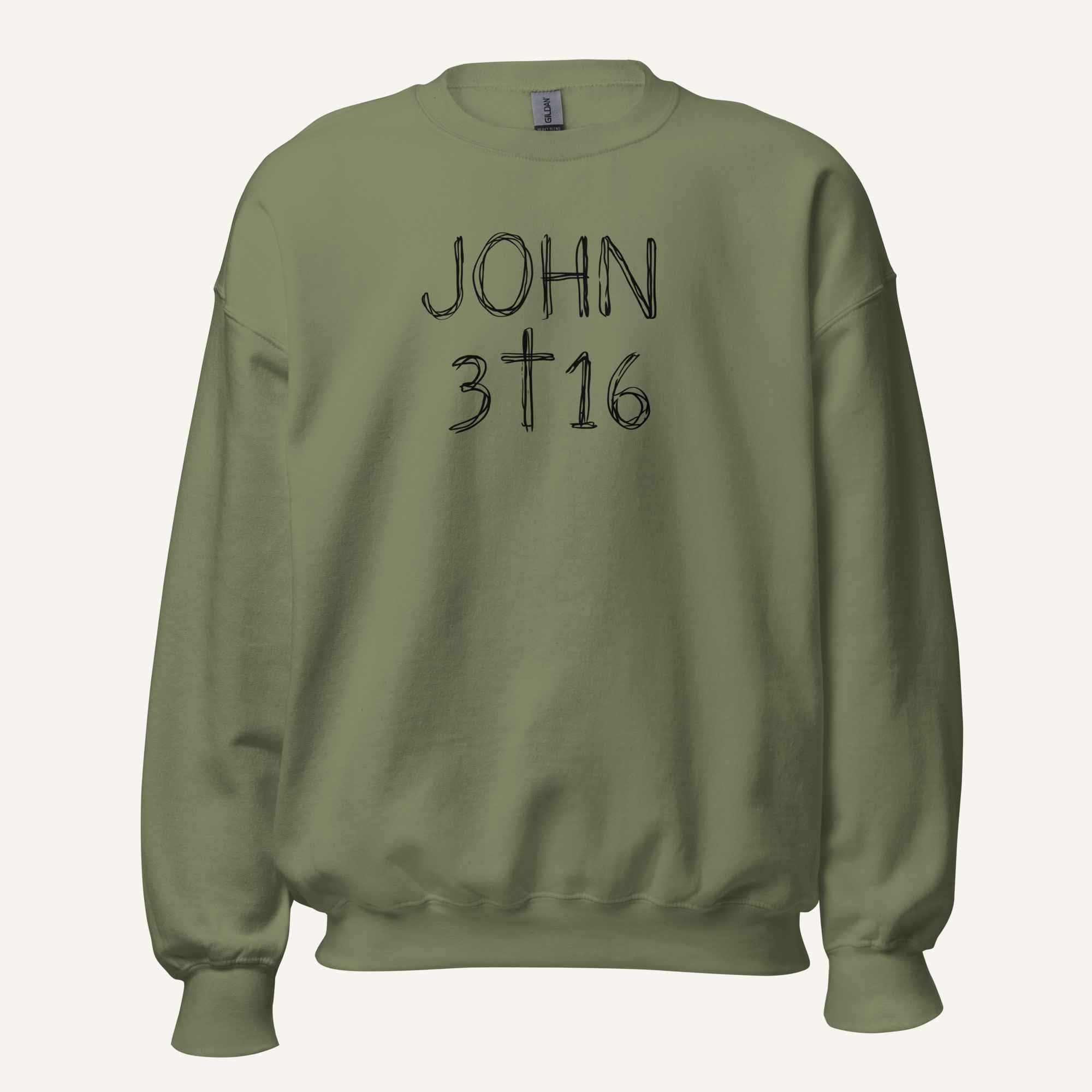 a military green crewneck sweatshirt with 'John 3 16' text with cross graphic between the 3 & 16 on a light cream background