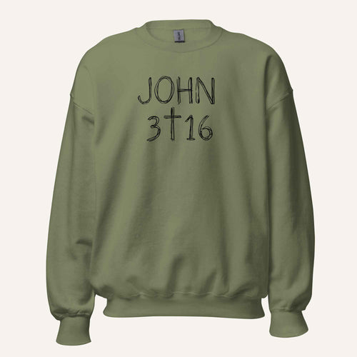 a military green crewneck sweatshirt with 'John 3 16' text with cross graphic between the 3 & 16 on a light cream background