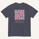 navy t-shirt with floral graphic and 'Chosen & Cherished' text on a cream background