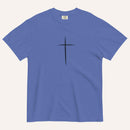 A short-sleeve crewneck t-shirt in a royal blue color, featuring a simple black Christian cross printed on the center chest. The t-shirt is laid flat against a solid, warm off-white background.