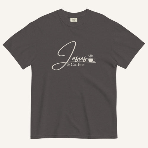 Gray t-shirt with 'Jesus & Coffee' text on a white background