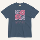 muted blue t-shirt with floral graphic and 'Chosen & Cherished' text on a cream background
